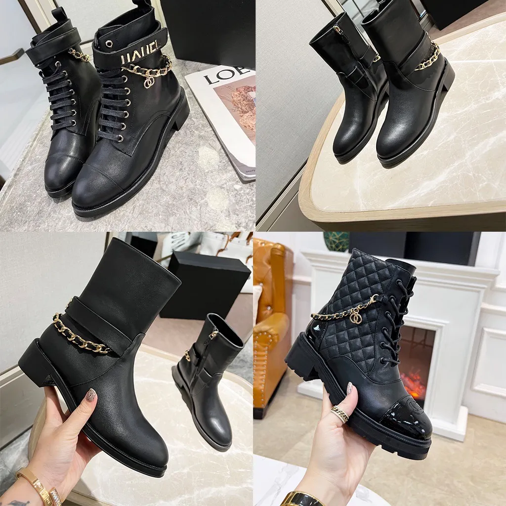 2022 Designer Damenstiefel Herbst Winter Markenlederschuhe Ketten Reißverschluss Blockabsatz Flache Stiefel Schwarz Weiß Professioneller Lederstiefel mit Box 35-41