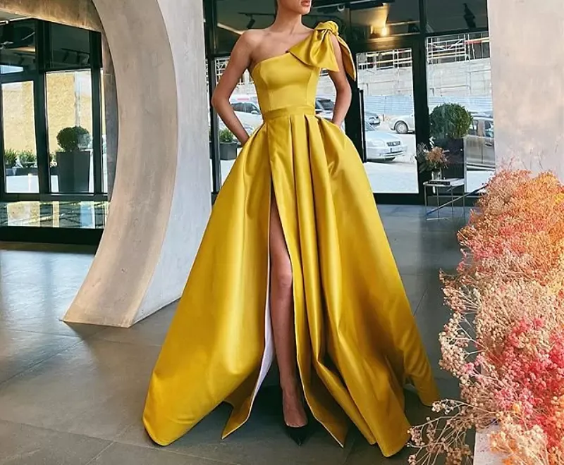 Yellow One Shoulder Bow One Shoulder Prom Dress With... From Bestoffers, $116.05
