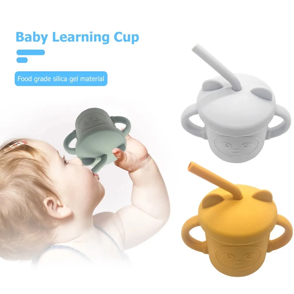 아기 실리콘 컵 학습 팬더 모양의 머그잔 뚜껑 밀짚 물 컵을 곁들인 머그잔 아이를위한 어린이 유출 병 병 먹이 병.