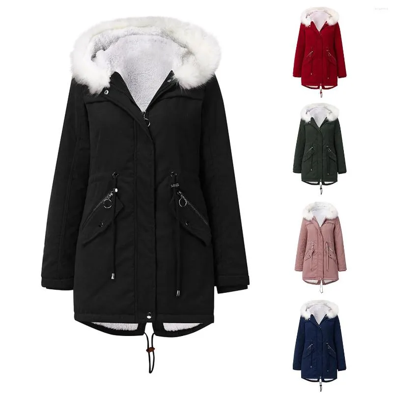 Damen-Trenchcoats, Damen-Baumwollmantel, weißes Fell, Fleece, flauschiger Kragen, Parka, mittellange Kapuze, Damen-Winterjacke, warme Oberbekleidung