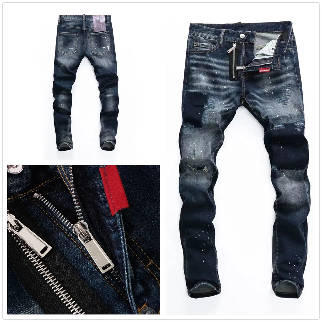 Men Jeans Hole Light Blue Dark gray Italy Brand Man Long Pants Trousers Streetwear denim Skinny Slim Straight Biker Jean for D2 Top quality size 28-38