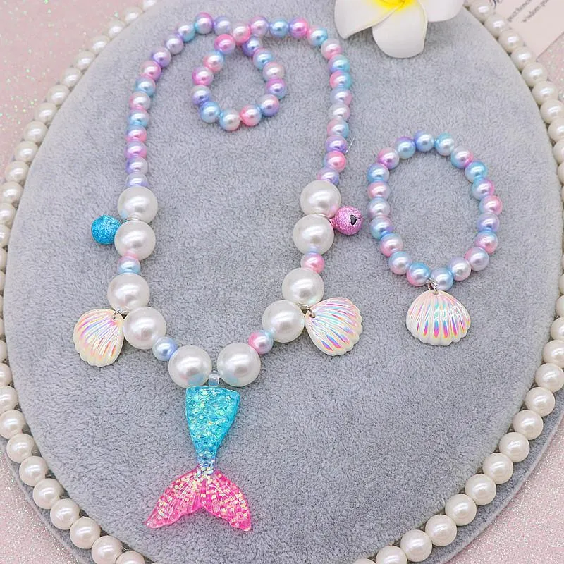 Nuevo 2/5 Uds. Conjunto de collar de perlas de sirena para niñas, pulsera, anillo, pendientes, juguetes para niños, accesorios de princesa, regalos de cumpleaños para niñas