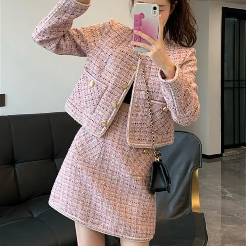 Zweiteiliges Kleid Herbst Winter Süßes Rosa Woll Zweiteiliges Set Frauen Outfits Tweed Jacke Mantel Hohe Taille Minirock Sets Elegante Anzüge 220906