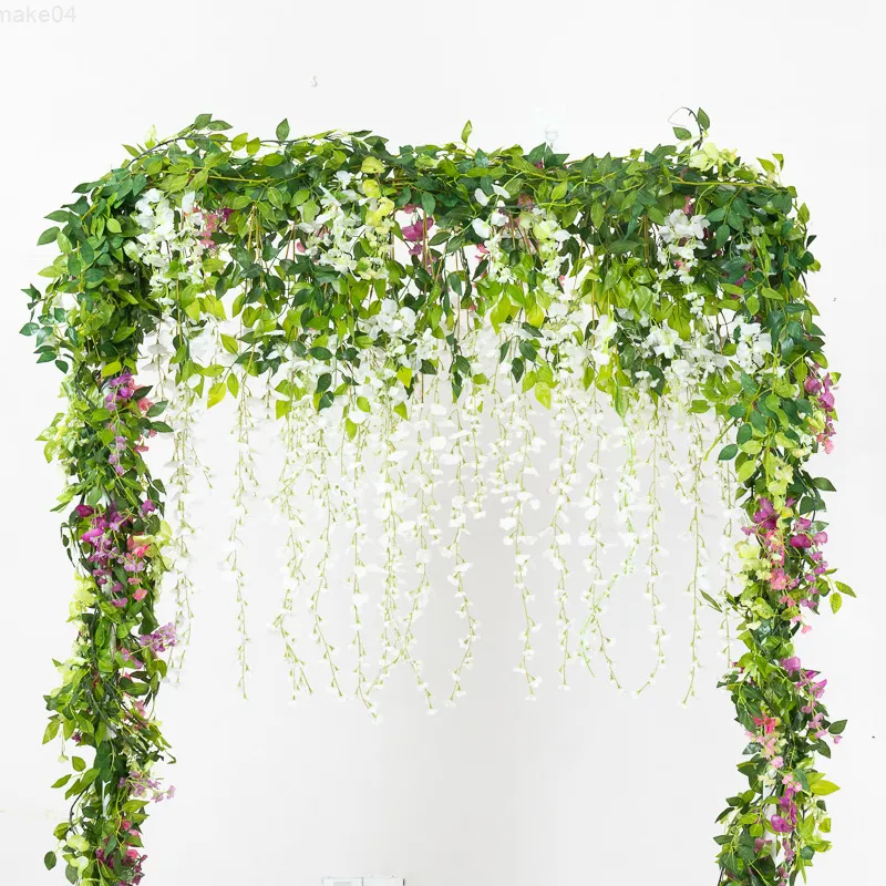 Faux blommig grönare 180 cm konstgjorda vinstockar hängande väggdekoration bröllop böjd dörr kontroll falska gröna blad långa grenar sommarväxter j220906