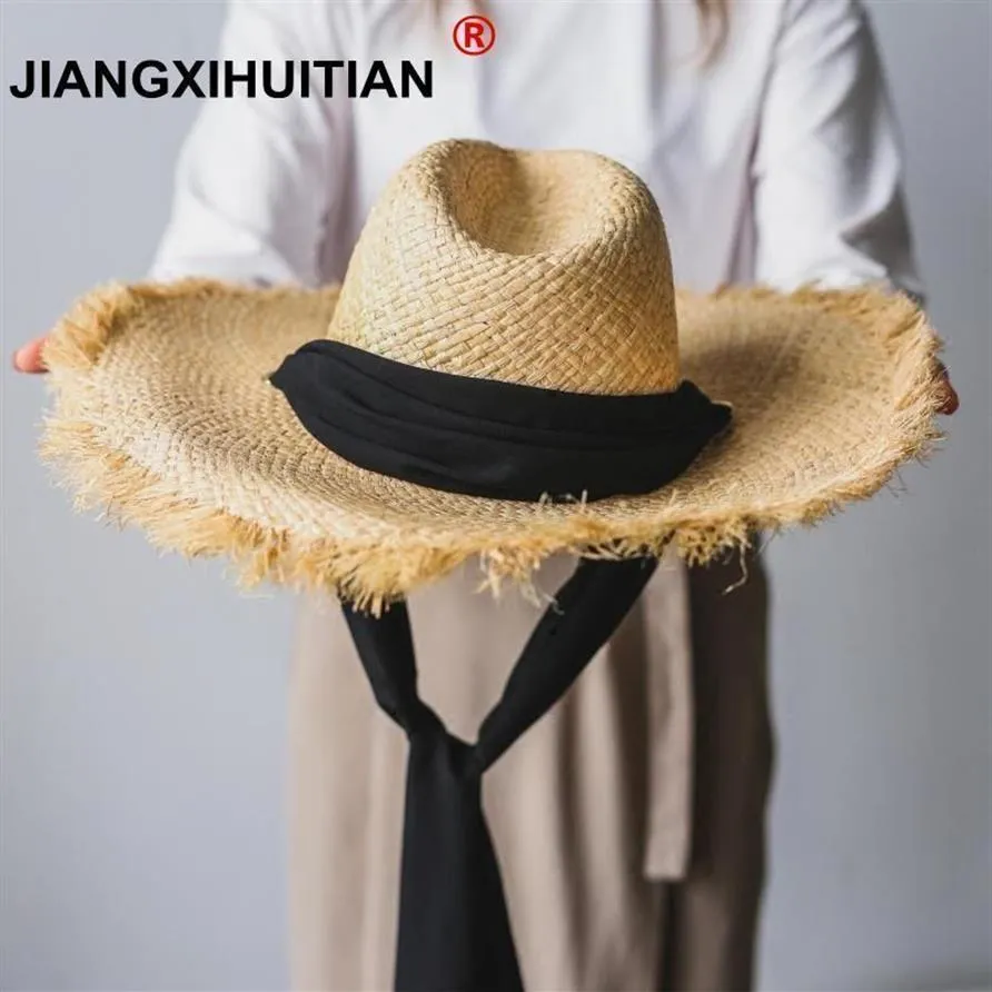 수제 직조 100%Raffia Sun Hats 여성용 검은 리본 레이스 업 대형 챙 모자 야외 해변 여름 모자 Chapeu Feminino C190413296