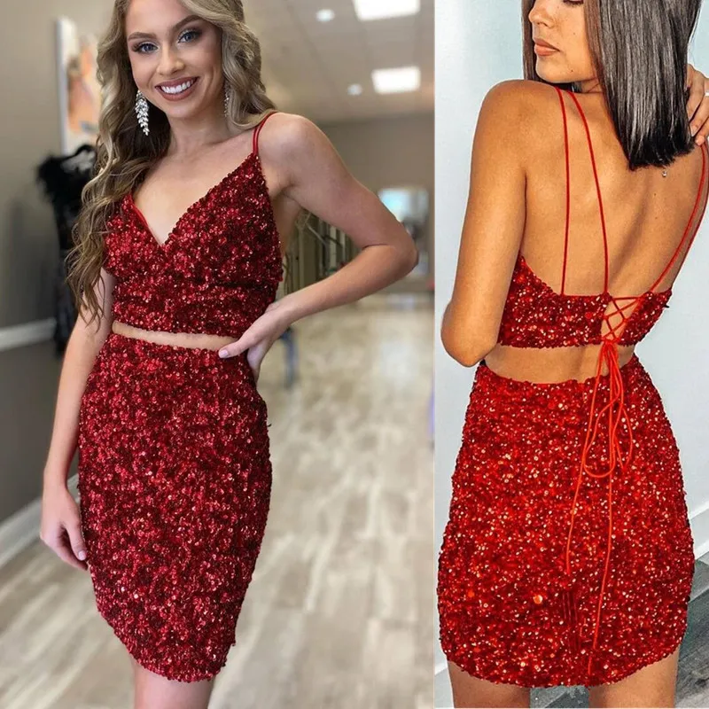 Femmes Robes De Bal Courtes Deux Pièces Ensemble Sequin Bretelles Spaghetti Hors Épaule Crop Tops Sans Manches Chic Night Party Club Outwear Homecoming