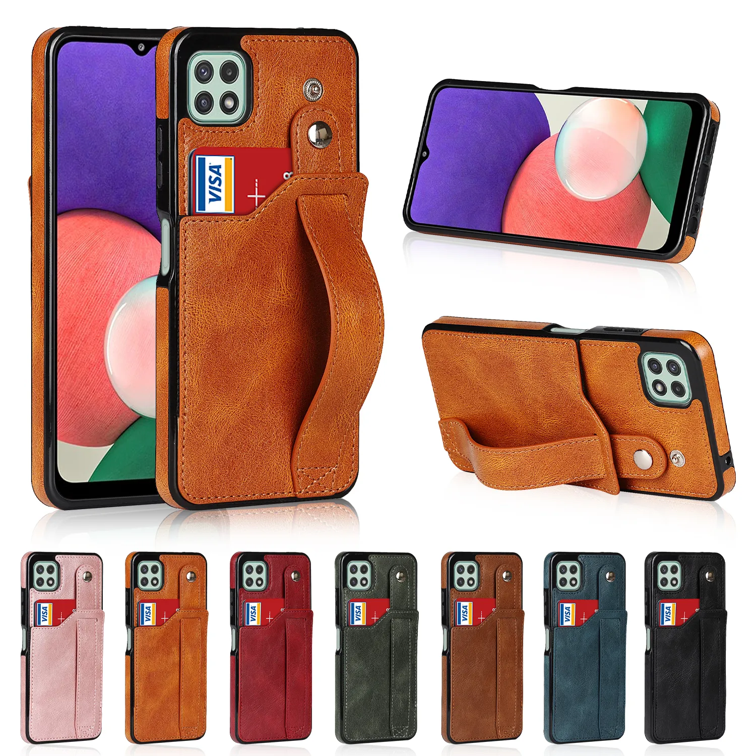 PU Leather Wallet Card Slot Back Cases Wrist Strap Belt Band Rubber Bumper Protective Shockproof For Samsung S20 Plus S21 FE S22 Ultra A22 A32 A52 A72 A82 A13 A33 A53 A73