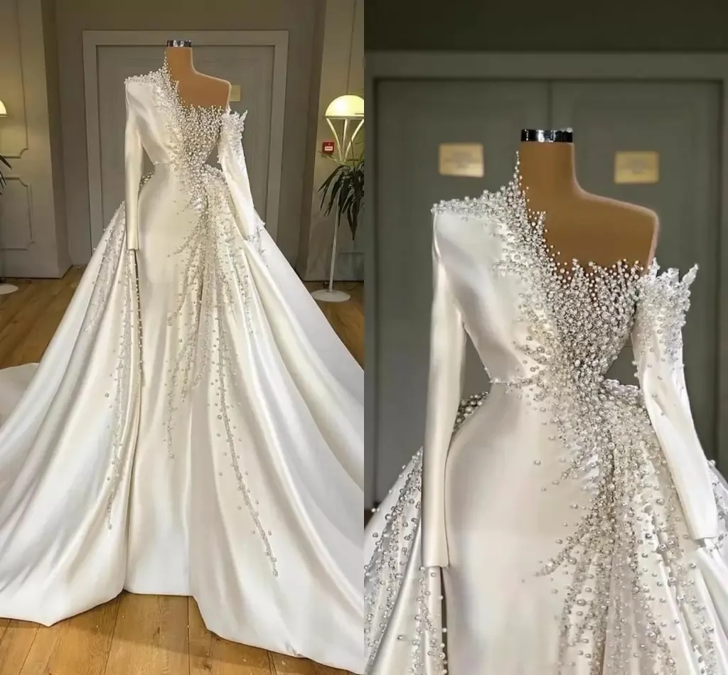 2022 A Line Wedding Dresses Elegant Heavy Pearls with Detachable Train Long Sleeves Satin Beaded Bridal Gowns Custom Made Luxury robes BC14384 GB0906