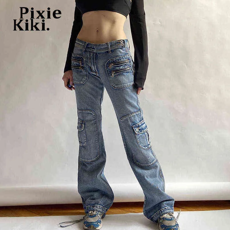 Jeans pour femmes PixieKiki Jeans taille basse Y2k Streetwear Femmes Pantalon cargo à glissière multi-poches Harajuku Vintage Blue Denim Pantalon P84-EI77 T220825