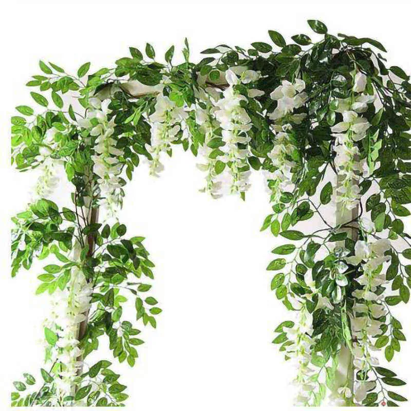 Faux Floral Greenery 2M Wisteria Kunstbloemen Wijnstok Krans Bruiloft Boog Decoratie Nep Planten Gebladerte Rotan Trailing Faux Bloemen Klimopmuur J220906