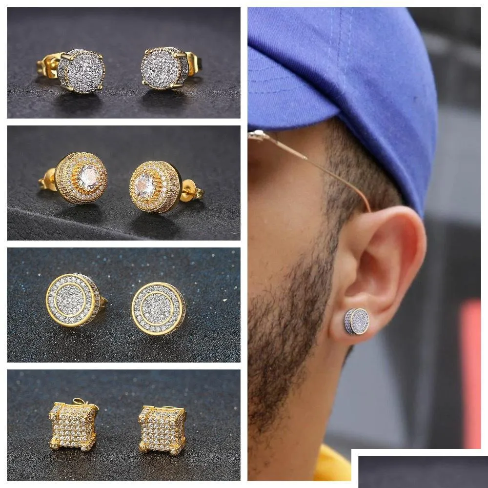 Diğer Altın Kaplamalı Bling Saplama Küpe Erkekler İçin Küpler Kadın Hip Hop Sokak Giyim Rapçi Elmas Küpe Düğün Rhinestones Kulak Takı W52F DR DHBCV