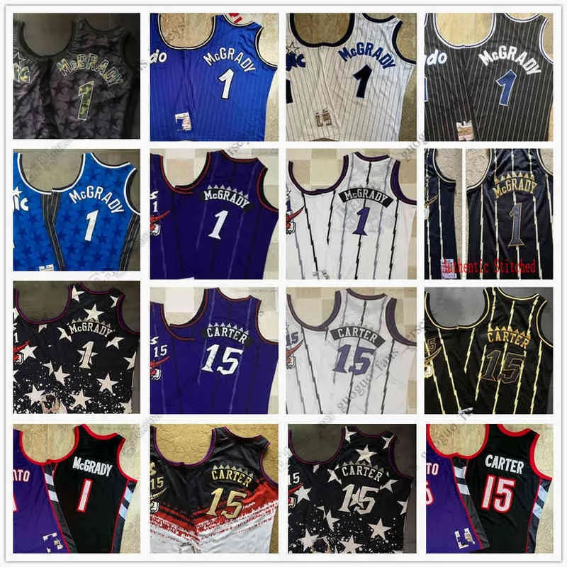 Stitched retro baskettröjor McGrady 15 Vince 1 Tracy Carter Red Blue White Black High Quality Jersey