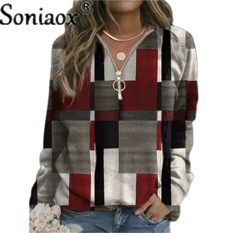 Women's Hoodies Sweatshirts Autumn Women Loose Casual V Neck Zipper Long Sleeve Plaid Top Pullover Streetwear Ladies Fashion 220906