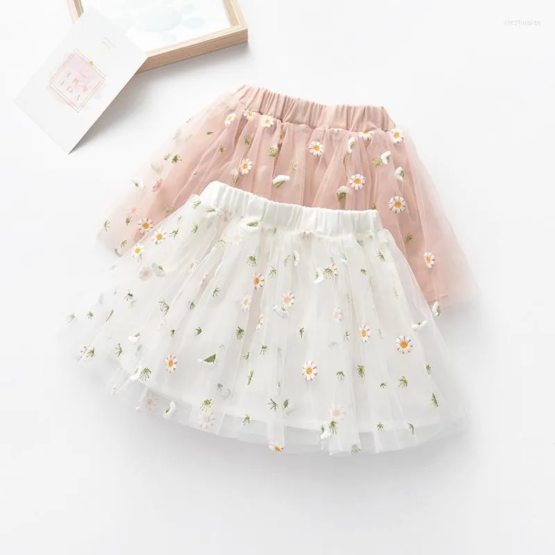 Flickaklänningar 2022 sommarblomma broderier spädbarn flickor mesh tutu kjol barn faldas mjuk gasväv miniskirt för blommor 1-6t