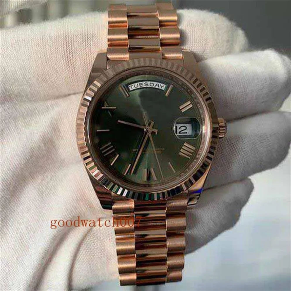 Top quality Luxury Men's Watches Rose Gold Day Date 228235 40MM Olive Green Roman Dial Near Mint Movement Automatic Mens Watc317a