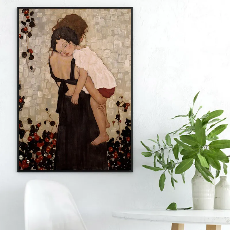 キャンバス絵画グスタフクリムトポスターとリビングルームの家の装飾のためにキャンバスに子供の油絵を持っている母親を印刷する