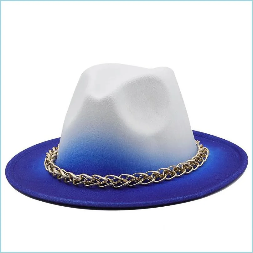 Stingy Brim Hats Gradient Fedora Hat For Women Men Fedoras Bk Mens Womens Filt Hatts With Chain Woman Man Panama Cap Female Ma Bdehome Dhghn