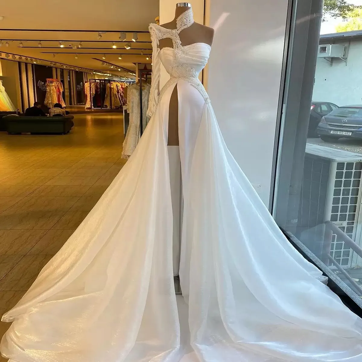 White Prom Dresses Princess One Long Sleeve Deep V Neck One Shoulder Appliques Sequins Evening Dresses Satin Side Slit Floor Length Party Gowns Plus Size Custom Made