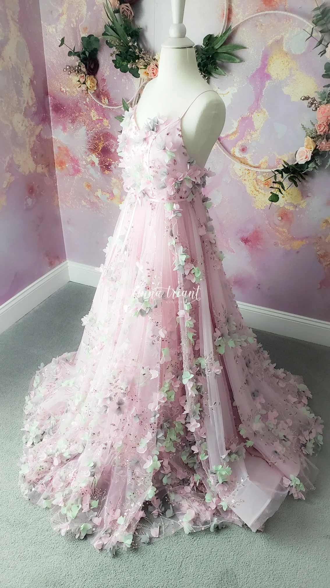 open lace back dress A Line Round Neck Short Sleeves Prom with 3D Flowers-Bridelily main image 0
