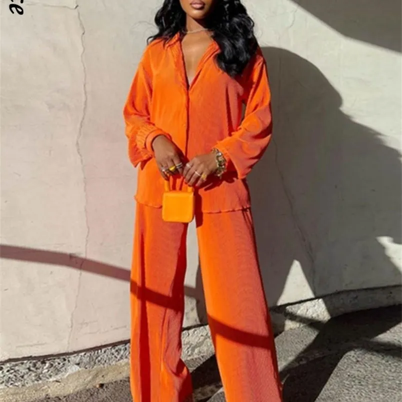 Women's Two Piece Pants Tracksuit Sets Loose Long Sleeve Shirt Tops and Wide Leg Elegant Suits Summer Casual Female Outfits 220907