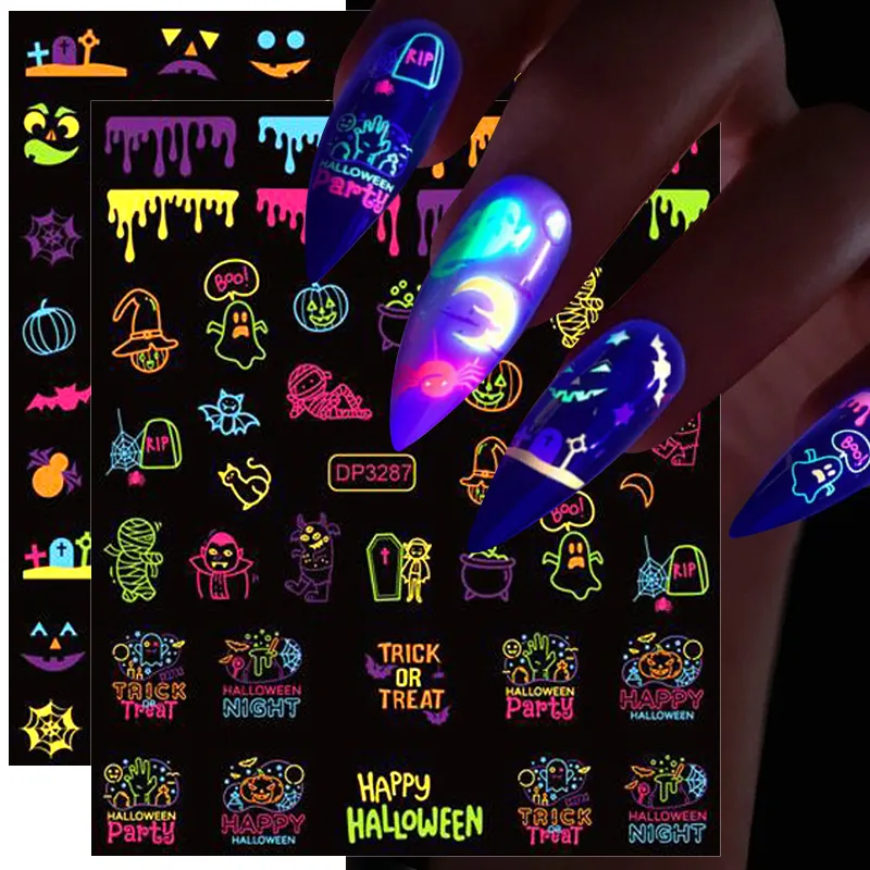 다채로운 할로윈 네일 스티커 어두운 네온 광화 형광성 손톱에 빛나는 파티 및 바 자체 접착 네일 아트 데칼 DIY 어린이 여성을위한 디자인 디자인