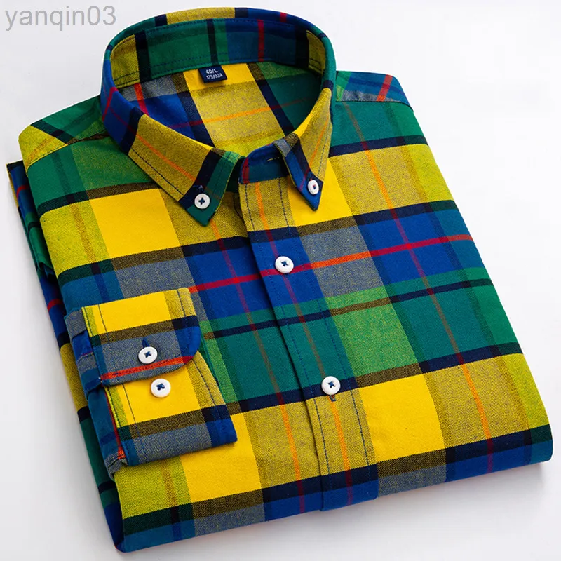 Men's Casual Shirts Men Casual 100% Cotton Oxford Plaid Striped Shirts Comfortable Long Sleeve Standard-Fit Button-Down Collar Farmer Fur tops Shirt L220907