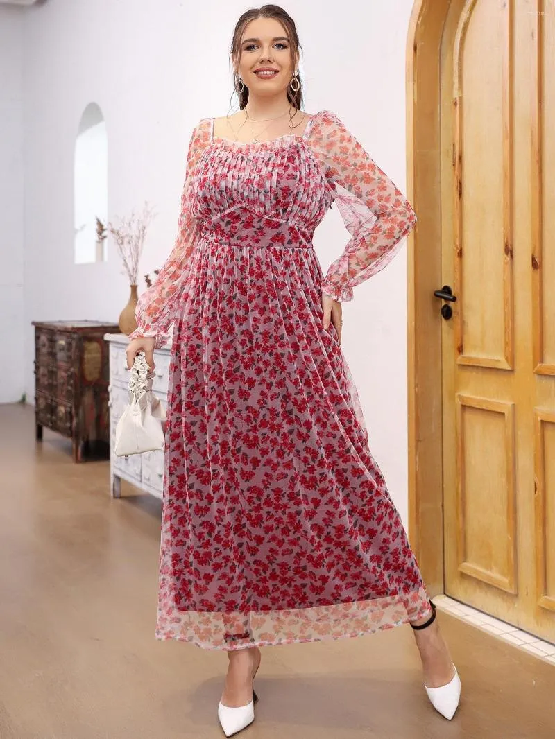 Plus Size Kleider TOLEEN Langes rosa Blumen-elegantes Abendkleid Frauen Spitze atmungsaktive Kleidung für Party Festival enge Taille