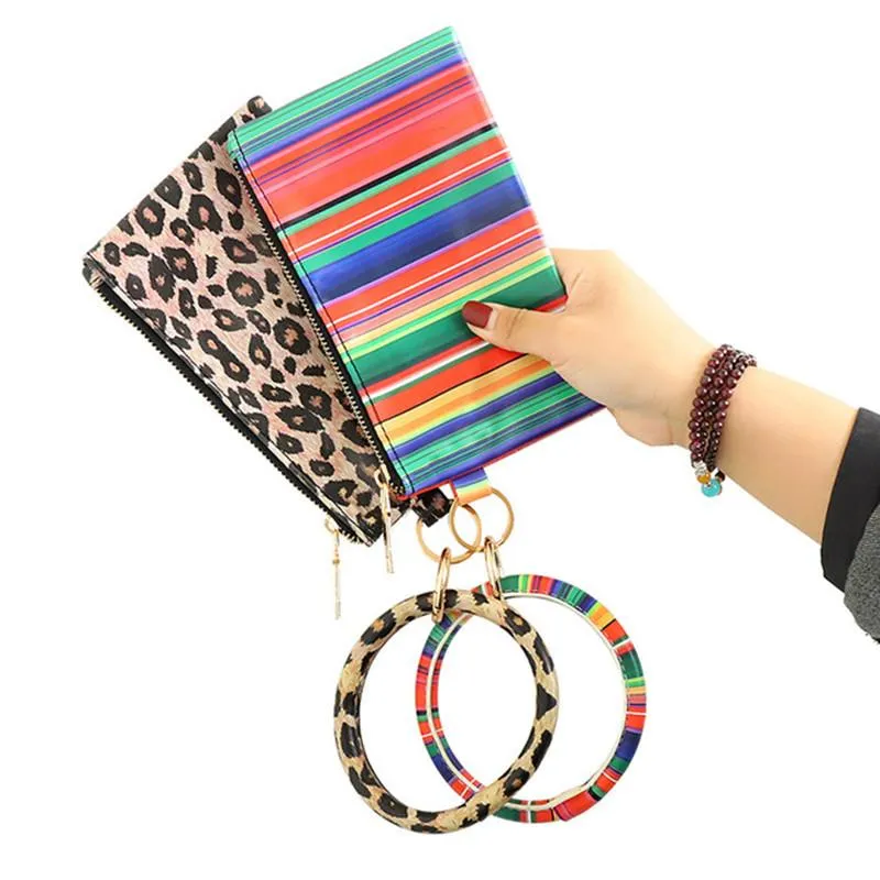 Party Favor Portable Leopard Printed PU Leather Key Ring Bracelet Wristlet Keychain Wallet Card Holder With Zipper Bags Bangle Keyring