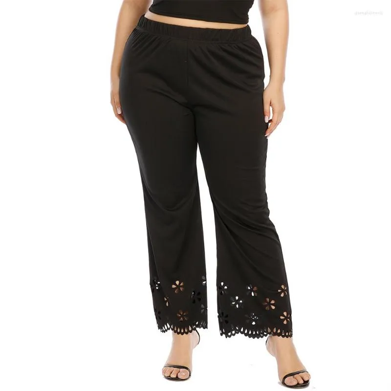 Pantalones estilo XL-4XL Mujeres Plus Tamaño más Sobre Hollow Out Micro-Flare Straight Casual Trompeta cómoda y suave