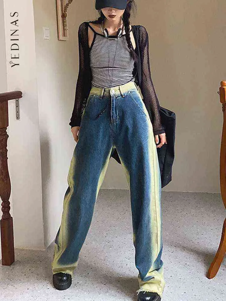 Jeans da donna Yedians Jeans a gamba dritta Y2k Patchwork sfumato Anni '90 Lavati a vita alta Boyfriend Jeans Vintage Pantaloni larghi Demin Donna Chic T220825