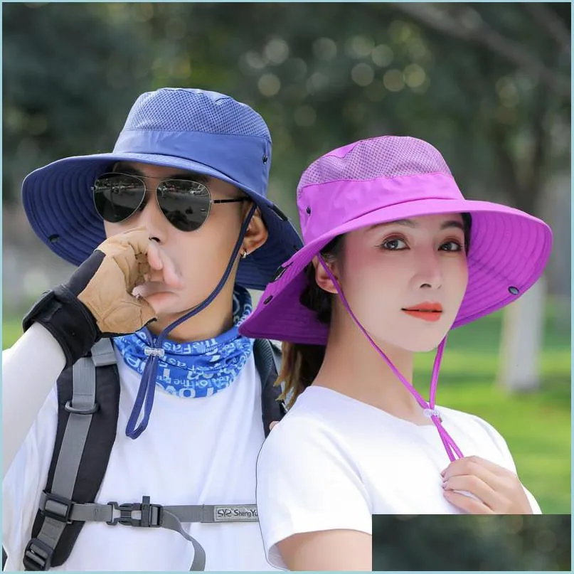 Szerokie grzbiet kapelusze damskie męskie lato sun hat kobietę na zewnątrz ochronę UV Cap Men Składane siatki szerokie czapki brzegi kobiet na plażę wędkarstwo bu dh3hr
