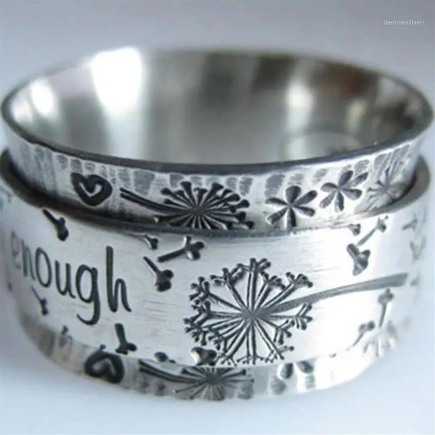 Винтажный серебряный цвет гравированная одуванчика Широкая кольцевая надпись Я достаточно вдохновляющие кольца для мужчин Женщины панк -вечеринка Z1581253M