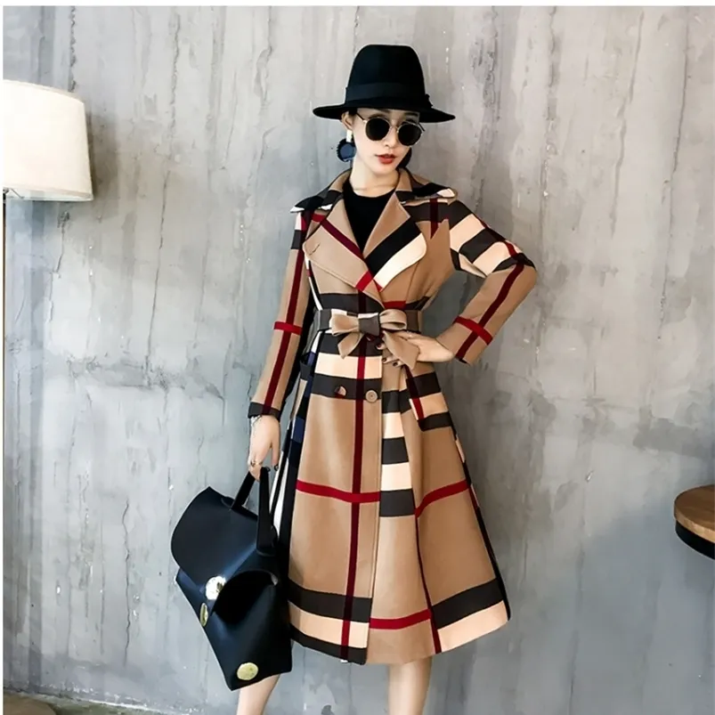 Women's Wool Blends Thickened autumn and winter women's lapels in the long simple color matching retro plaid coat temperament windbreaker 220907