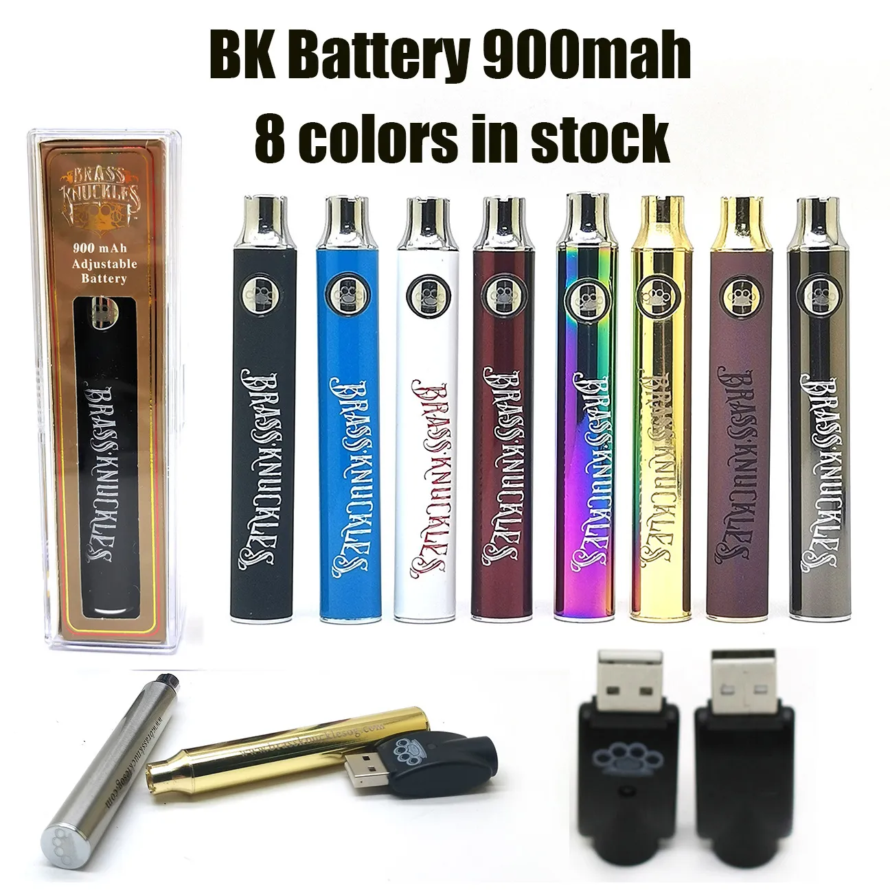 BKバッテリーブラスナックル900MAH電子タバコ木材SSゴールドベイプペン予熱VV可変電圧バッテリー510厚さオイルカートリッジタンク7色