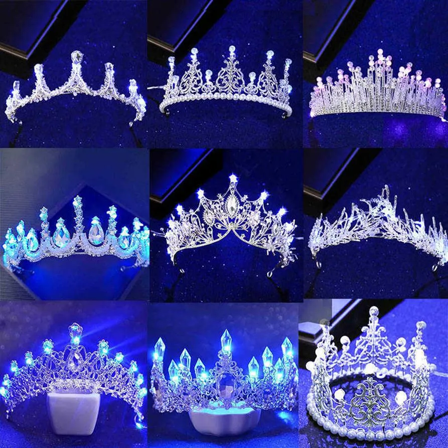 Новые различные световые короны тиары для невесты синий свет светодиодную корону для женского свадебного головного убора