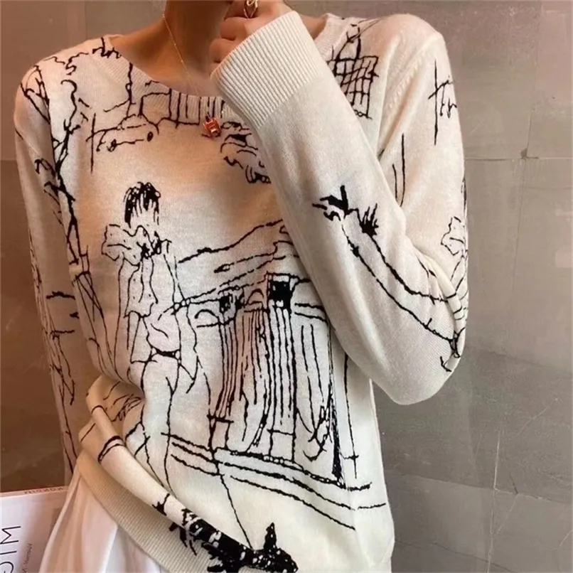 Pulls pour femmes Raffiné Imitation Laine Tricot T-shirt À Manches Longues Haut Graffiti Numérique Jacquard Pull Dames Pull Été Mince 220906