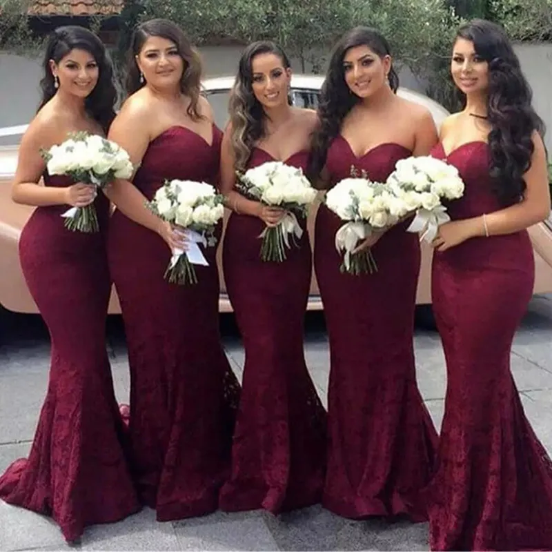 Sexy Burgundy Mermaid Bridesmaid Dresses 2023 New Sweetheart Neck Sleeveless Dresses For Bridal Gown Full Lace Dresses