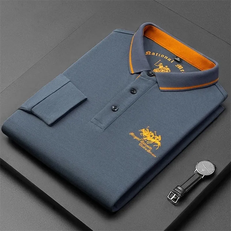 Polos Hommes Qualité 100% coton Polo homme haut de gamme marque créateur de mode broderie T-shirt à manches longues revers tenue décontractée 220907