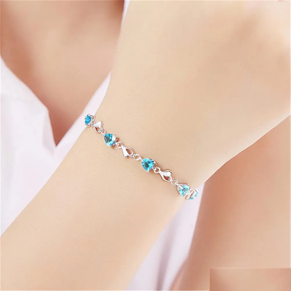 Link Chain Fashion Copper Metal Link Bracelets Sier Color Crystal Sky Blue Cubic Zircon Heart Love Chain Bracelet Girls Valentine Da Dhsfg