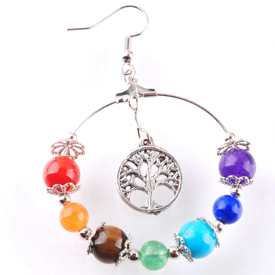 Boucles d'oreilles arbre de vie pour femmes, 7 chakras, cercle naturel, pierre précieuse, perle, cristal de guérison Reiki, bijoux à la mode, R3124