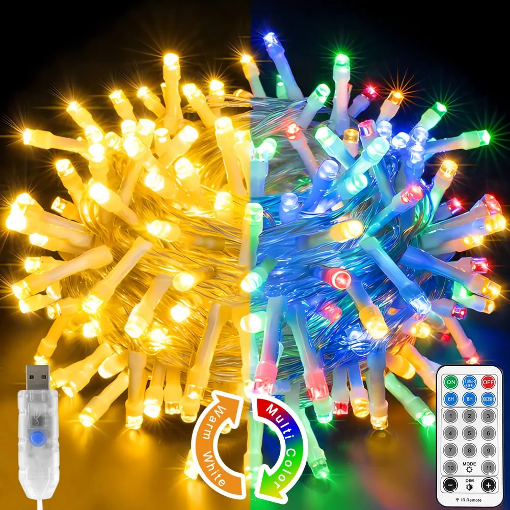 10M 100LED Fairy F5 Stringhe LED Luci Telecomando alimentato tramite USB con 11 modalità Dimmerabile Funzione di memoria temporale per Decorazione festa di Natale RGB Bianco caldo