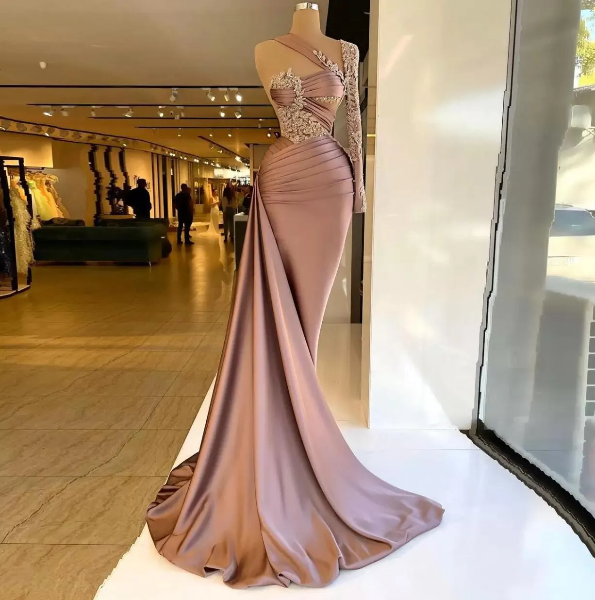 2022 Gorgeous Elegant Prom Dresses Single Long Sleeve Appliques Mermaid Long Train Women Evening Pageant Gowns Plus Size Custom Made BC14119 B08G18