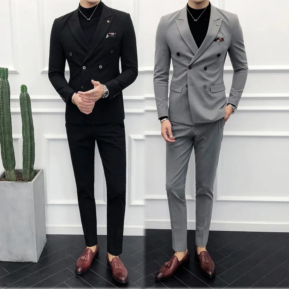 Män tuxedos Tvådel kostym kappa set smal mode ny affärsjacka brittisk stil bröllopsklänning blazers byxor