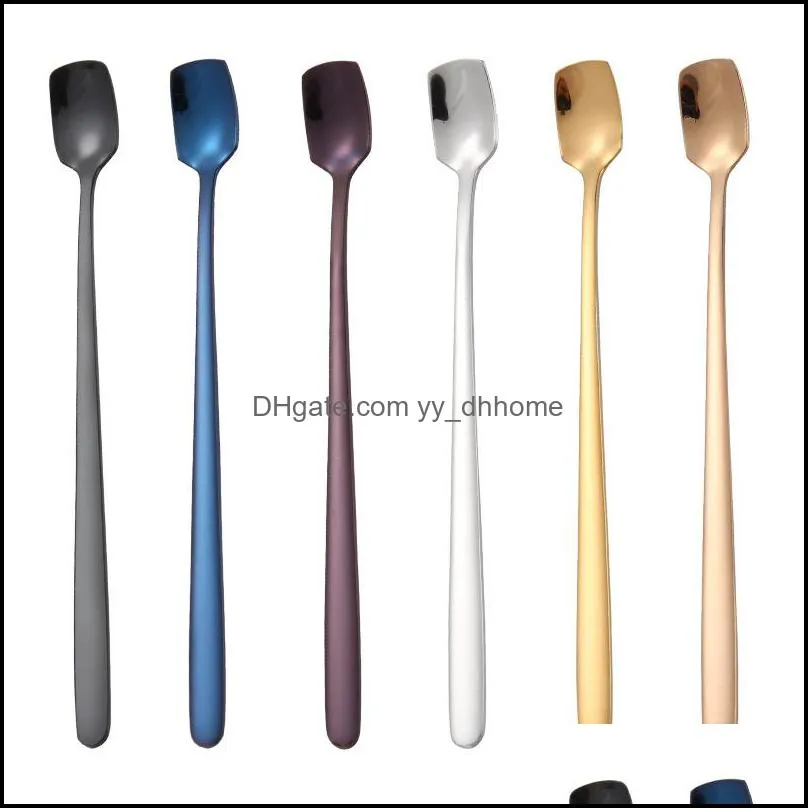 Spoons Stainless Steel Long Handle Scoops Colourf Square Head Spoon Teacup Coffee Ice Cream Tableware Stirring Ladle 2 8Xh G2 Drop De Dhv1I
