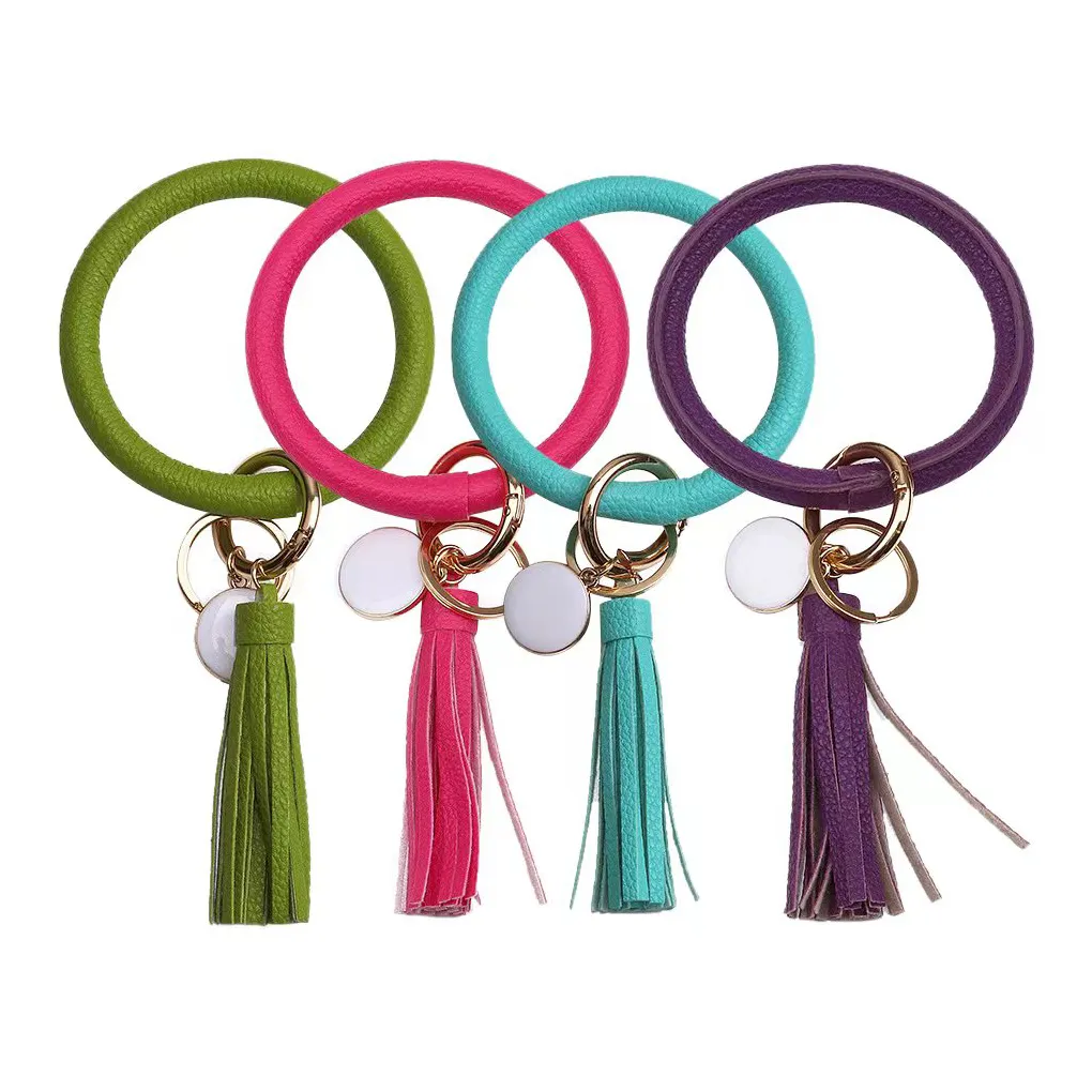 4PCS Leather Wrist Keychain Bracelets Charm Round Key Ring Large Circle Tassel Chain PU Wristlet Holder Bangle for Women Girls