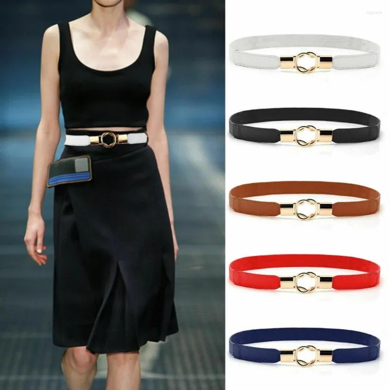 2x Womens Belt Elastic Skinny Waist Ladies Dress Stretch Waistband Metal  Buckles