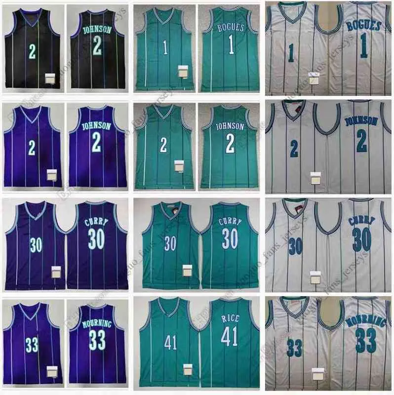 Maglie da basket retrò 1 Tyrone 2 Larry Muggsy Johnson 30 Dell 33 Alonzo Curry Rice Mourning 41 Glen Blue White di alta qualità Mia di alta qualità S-XXL