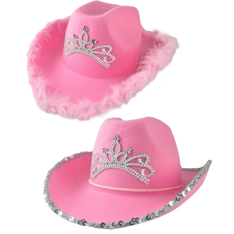 Шляпы с широкими полями Корона Розовые ковбойские кепки Western Cowgirl Hat для женщин Girl Feather Edge Shiny Sequins Tiara Cowgirl Hats Party Fedora Cap Caps 220907