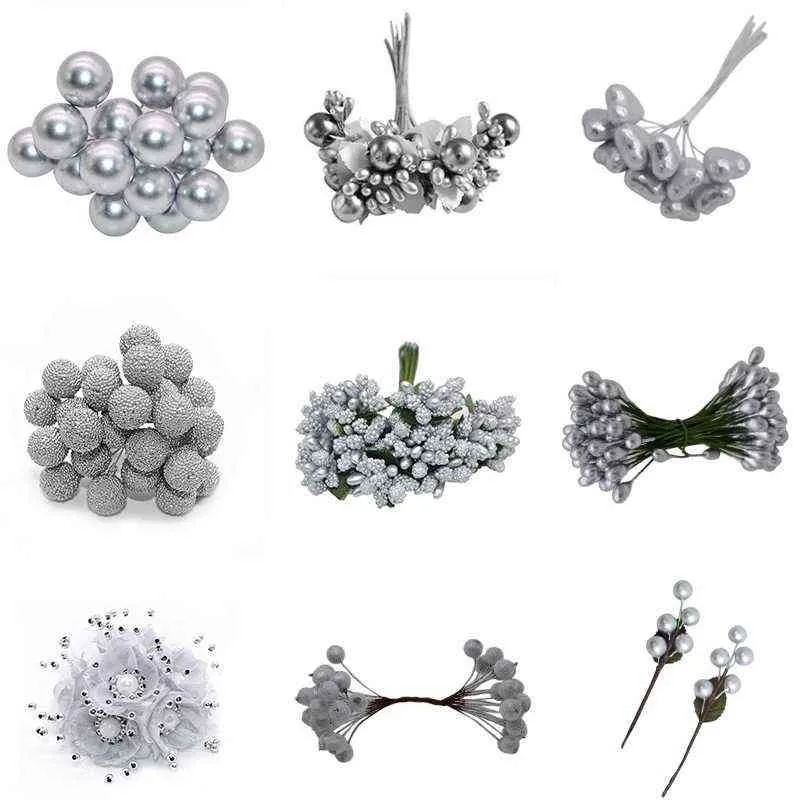 Faux blommor grönare blandning silver konstgjorda blommor körsbärsmjöl trådar bär bunt diy jul bröllop tårta presentlåda kransar dekoration j220906