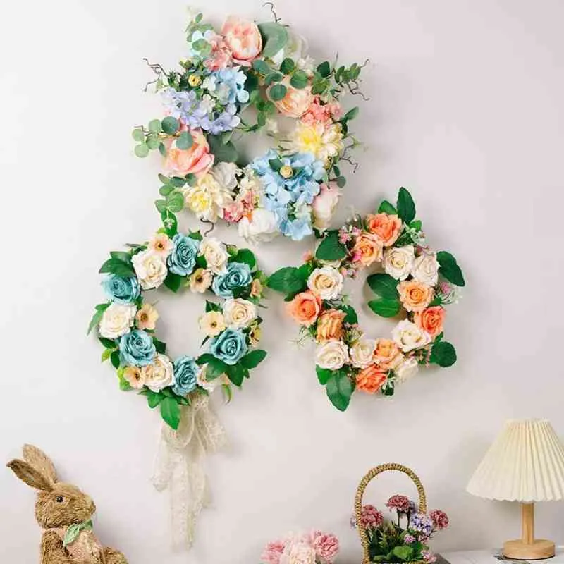 Dekoratif Çiçek Çelenkleri Yapay Çiçek Çelenk Simülasyon Gül Çiçek Çelenk Düğün Partisi Dekorasyonu için Yeşil Yapraklar Ev Ön Kapı Dekor T220905